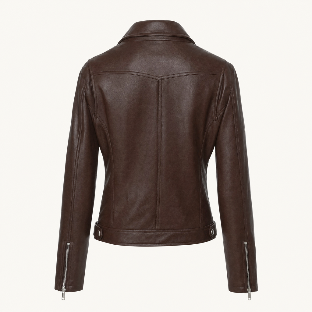 Women's Fitted Faux Leather Biker Jacket - Brown